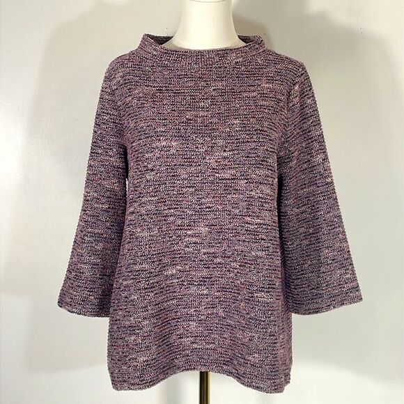 Loft Boucle Cotton Blend Pink & Black Funnel/Mock Neck Light Sweater/Top Size M - Picture 2 of 9